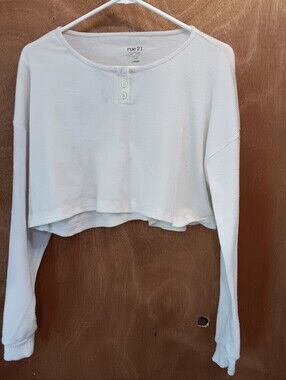 rue21 White Cropped Waffle Henley Long Sleeve Top